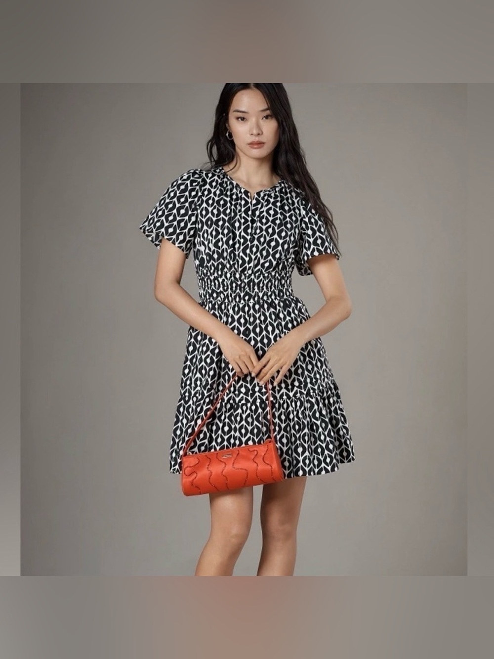 Anthropologie - The Somerset Black & White Geo Print Smocked Waist Dress Sz XSP